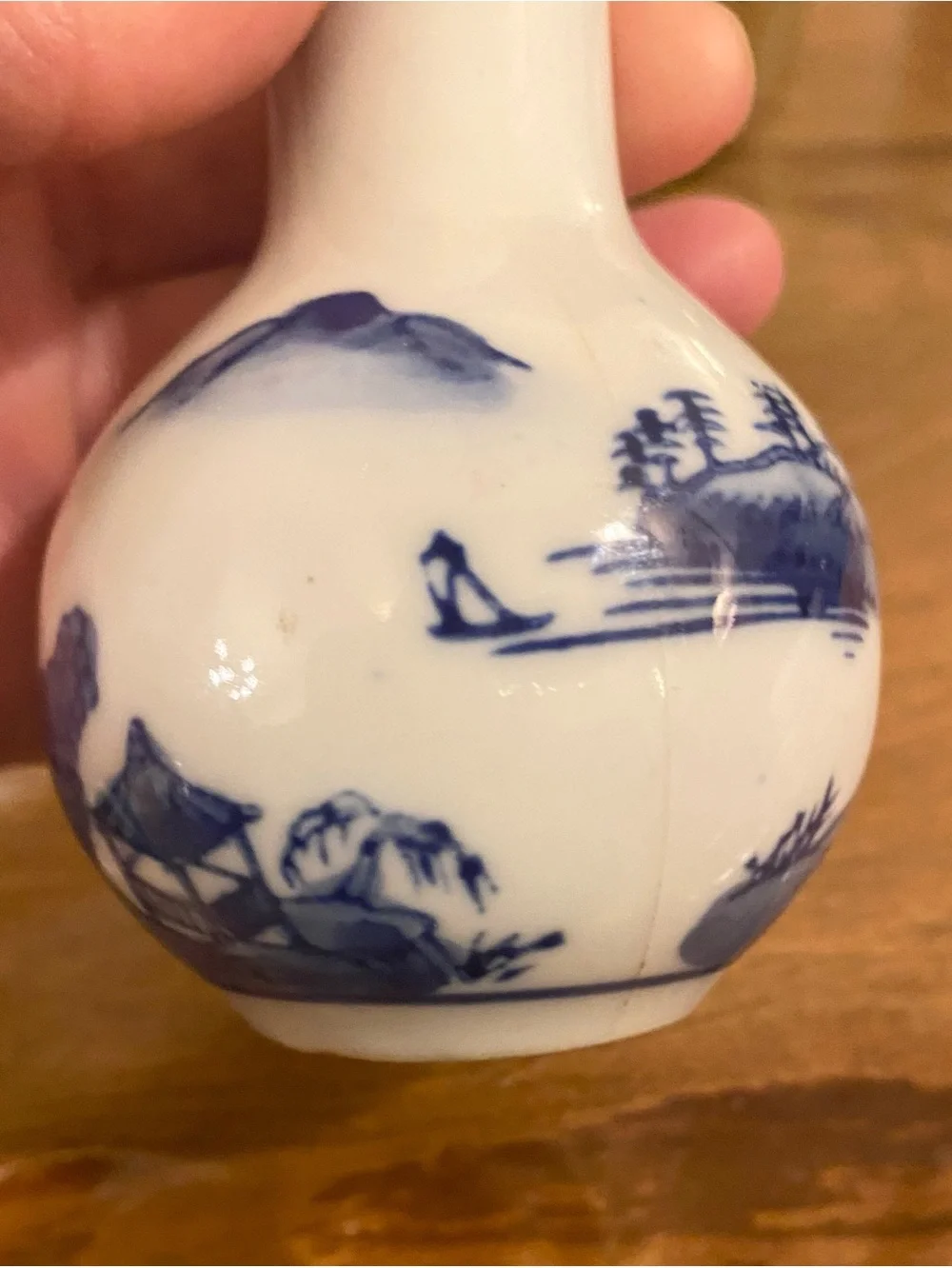VTG Blue & White Chinoiserie Porcelain Miniature Jar Bud Vase Landscape Pagoda